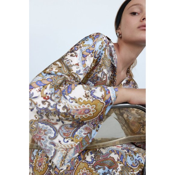 NEW! Zara Satin Kimono Style Paisley Pattern Tunic Mini Dress, Belted Oversized - Picture 4 of 15